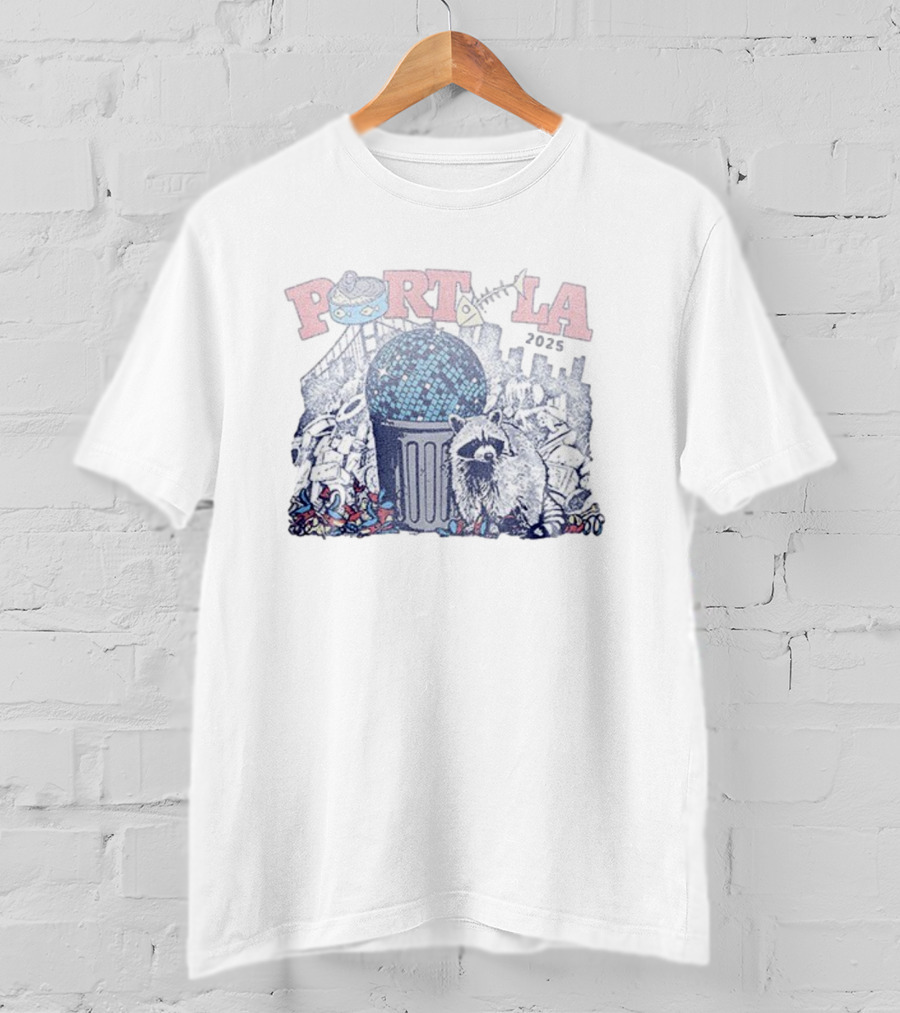 Portola 2025 Dumpster Disco Lineup Raccoon And Trashcan Disco Ball T-Shirt