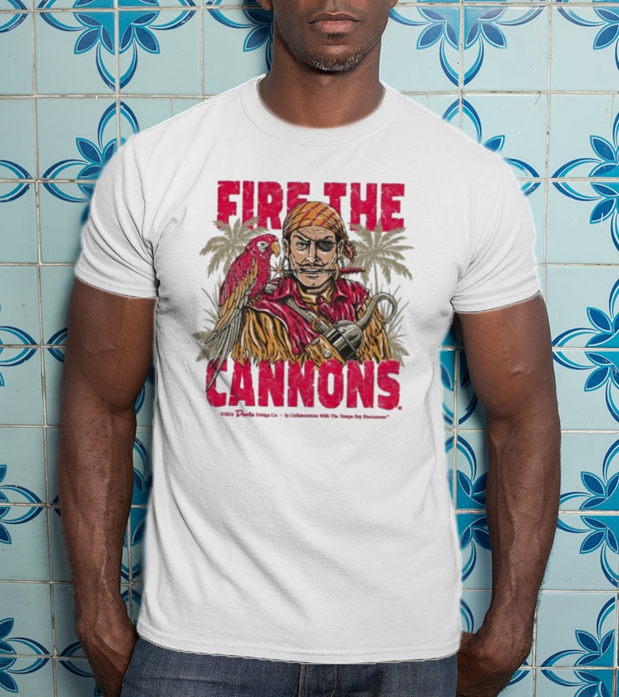 Fire The Cannons Buccaneers Pirate Parrot Palm Trees T-Shirt