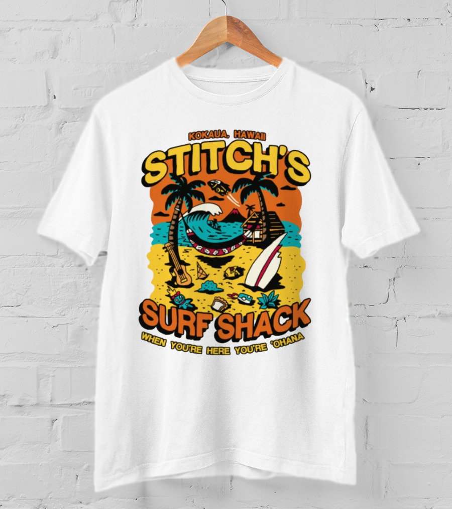 Kokaua Hawaii Stitch's Surf Shack When You're Here You're 'Ohana T-Shirt
