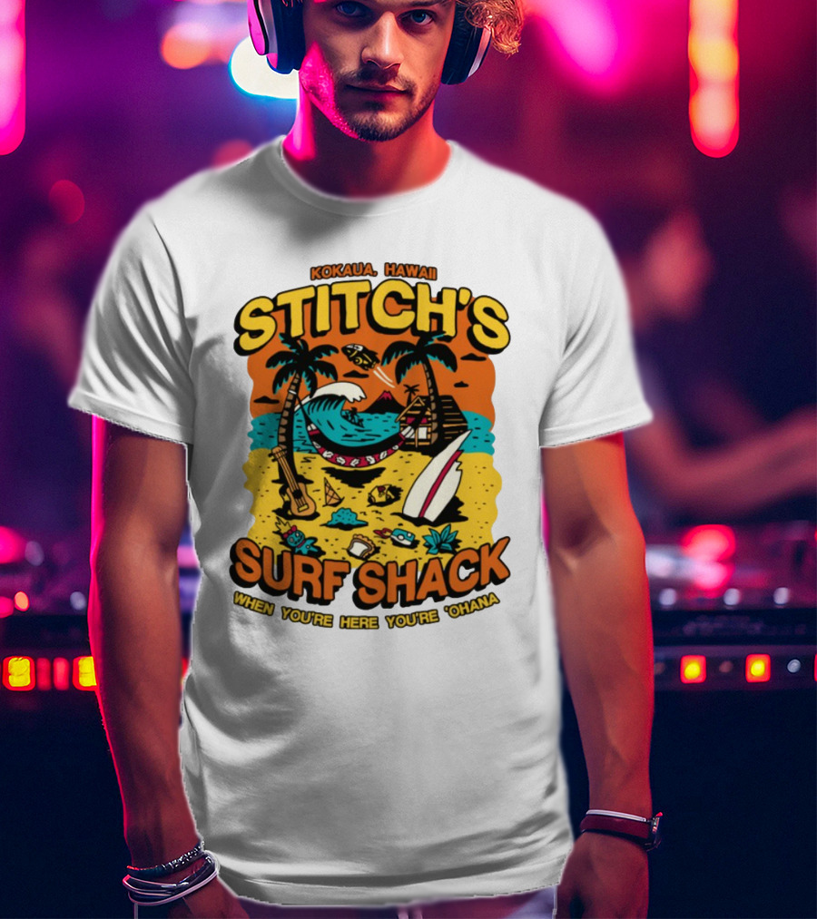Kokaua Hawaii Stitch's Surf Shack When You're Here You're 'Ohana T-Shirt