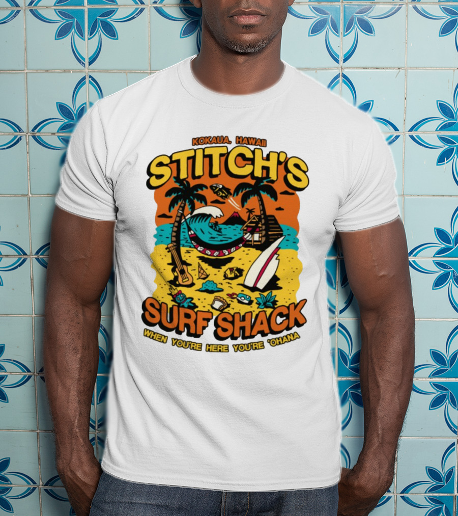 Kokaua Hawaii Stitch's Surf Shack When You're Here You're 'Ohana T-Shirt