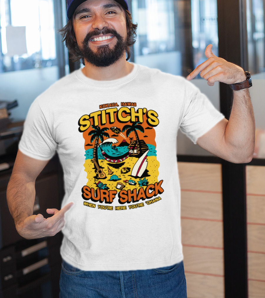 Kokaua Hawaii Stitch's Surf Shack When You're Here You're 'Ohana T-Shirt