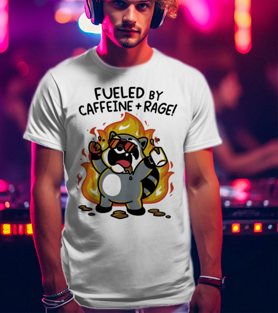 Fueled By Caffeine & Rage Cartoon Raccoon On Fire With Sunglasses T-Shirt