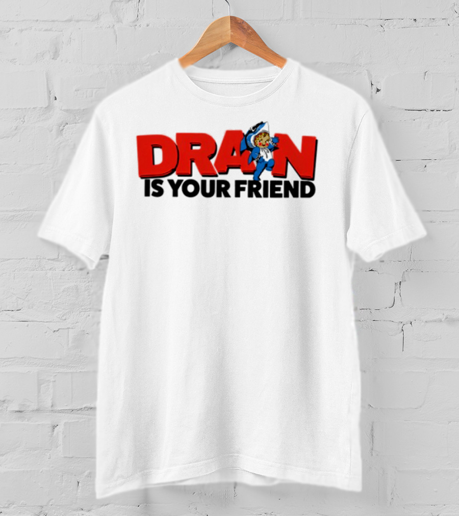Drain Kewpie Friend In Red Block Letters With Cartoon Character T-Shirt
