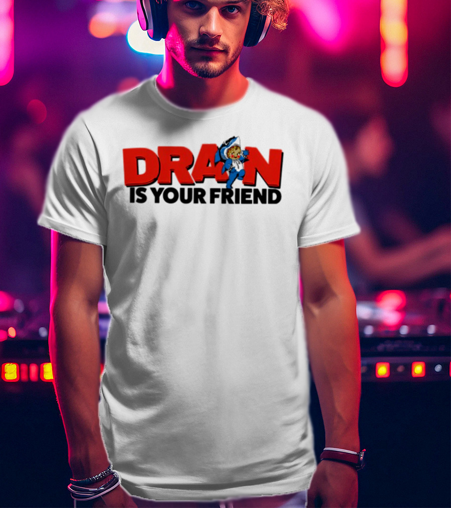 Drain Kewpie Friend In Red Block Letters With Cartoon Character T-Shirt