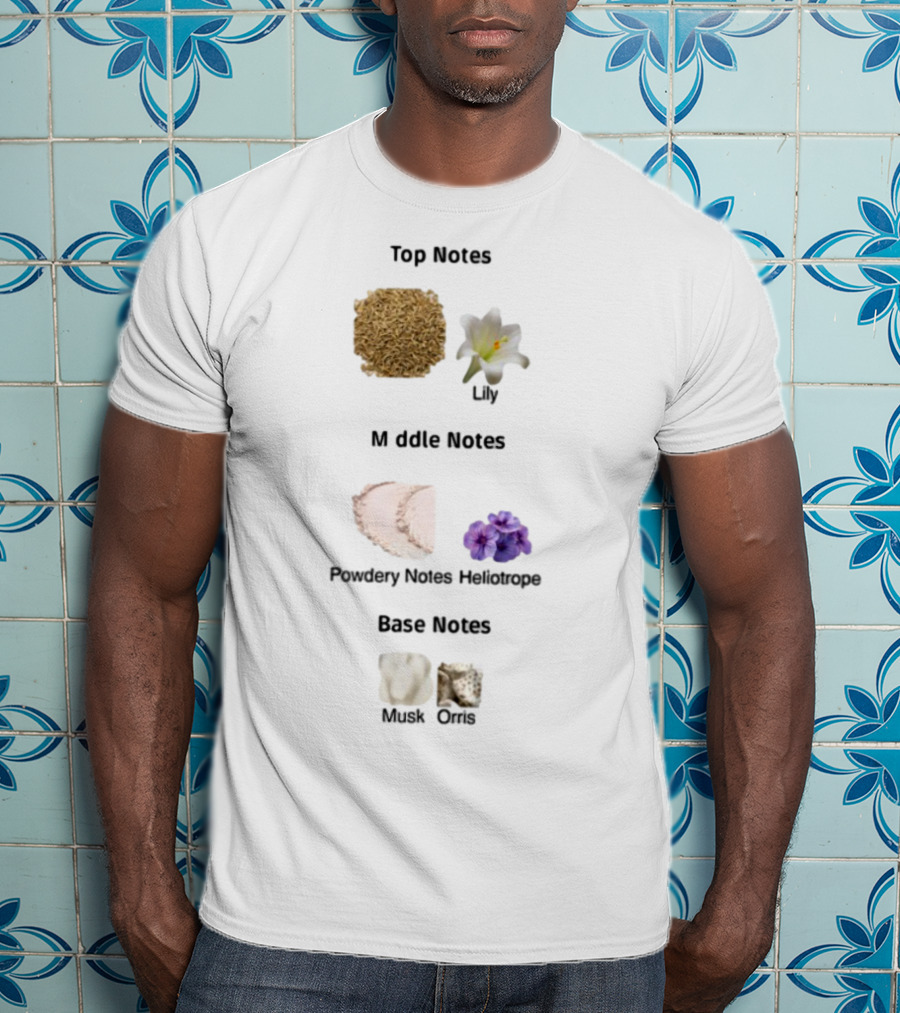 Top Notes Cumin Lily Middle Notes Powdery Heliotrope Base Notes Musk Orris T-Shirt