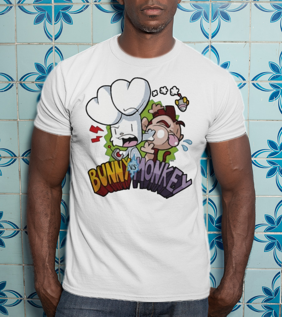 Bunny Vs Monkey Cartoon Rivalry Comic Style T-Shirt
