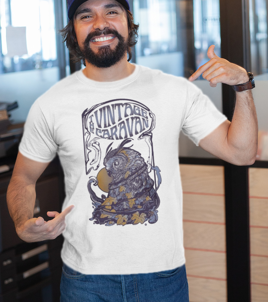 The Vintage Caravan Psychedelic Owl Art Nouveau Style T-Shirt