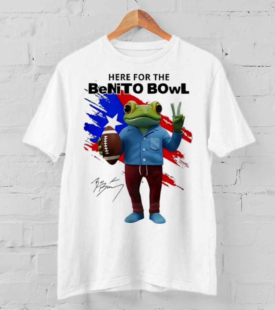 Bad Bunny Here For The Benito Bowl Super Bowl Frogs Puerto Rico Flag Football Peace Sign Signature T-Shirt