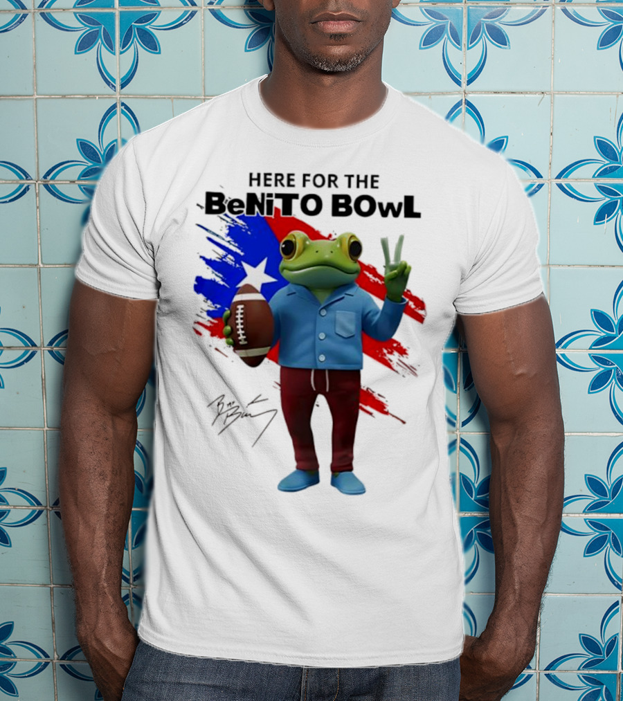 Bad Bunny Here For The Benito Bowl Super Bowl Frogs Puerto Rico Flag Football Peace Sign Signature T-Shirt