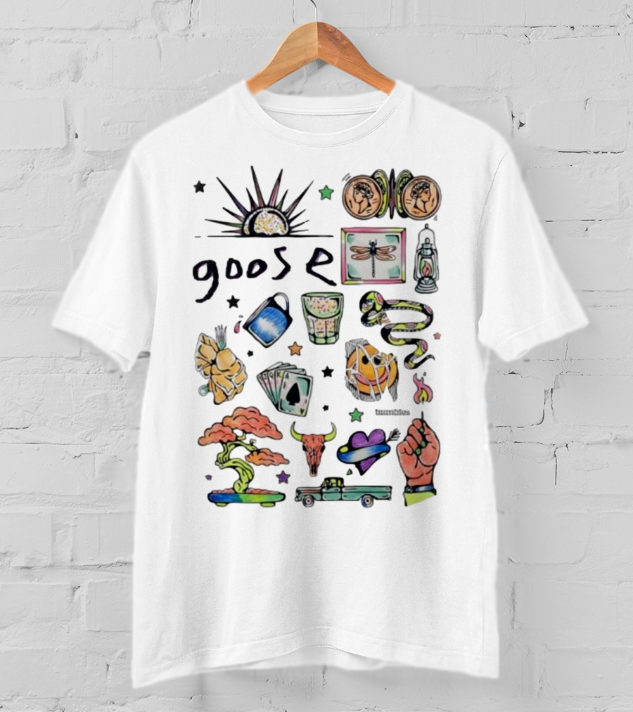 Goose Psychedelic Sunrise And Nature Symbols With Playing Cards Art T-Shirt