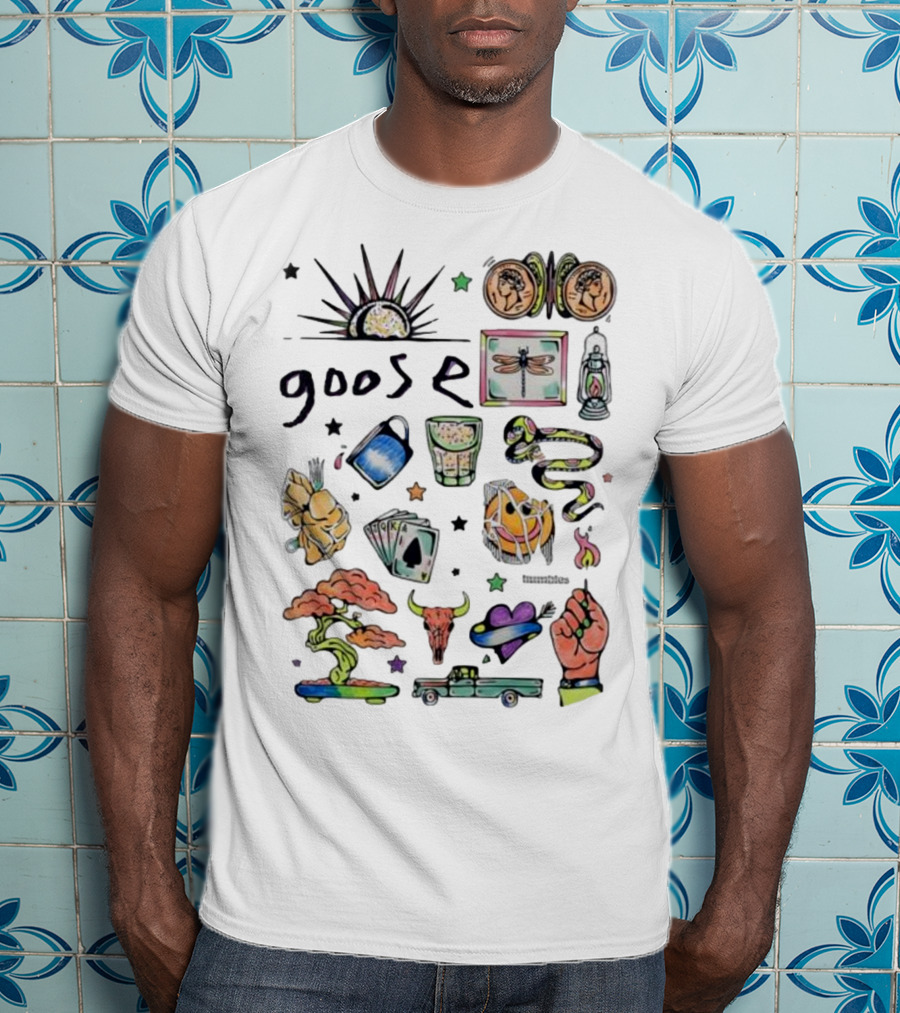 Goose Psychedelic Sunrise And Nature Symbols With Playing Cards Art T-Shirt