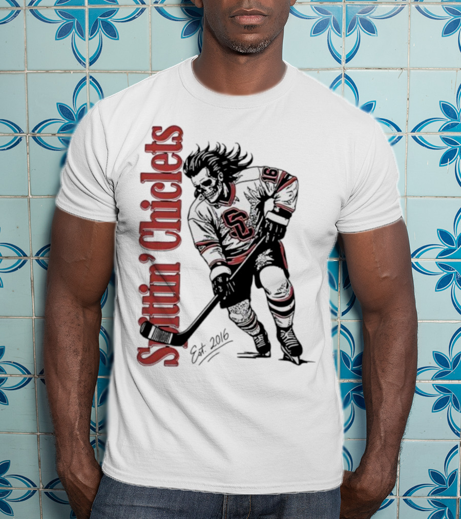 Spittin Chiclets Skullet Skeleton Player Hockey Est 2016 T-Shirt