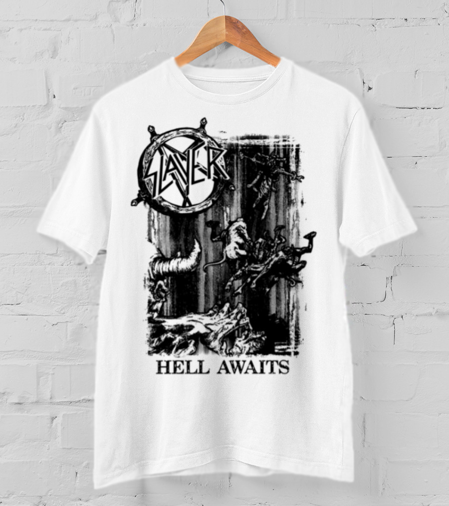 Monochrome Slayer Hell Awaits Acid Iconic Band Art T-Shirt