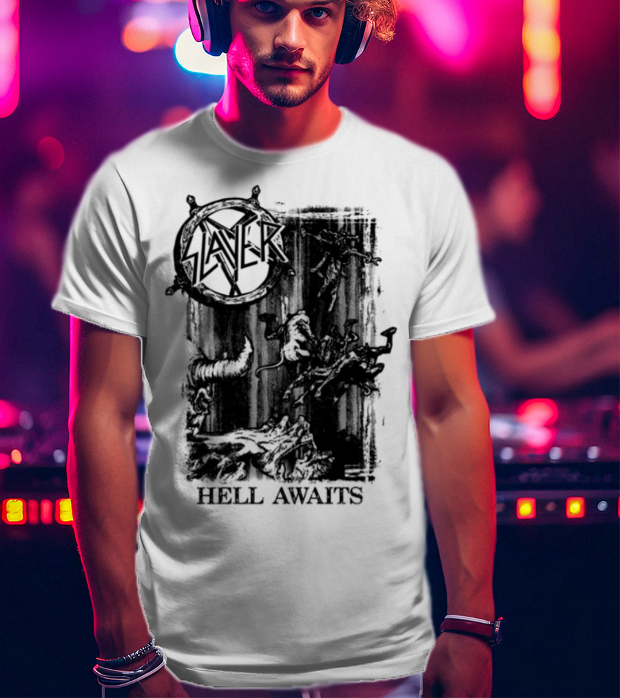 Monochrome Slayer Hell Awaits Acid Iconic Band Art T-Shirt