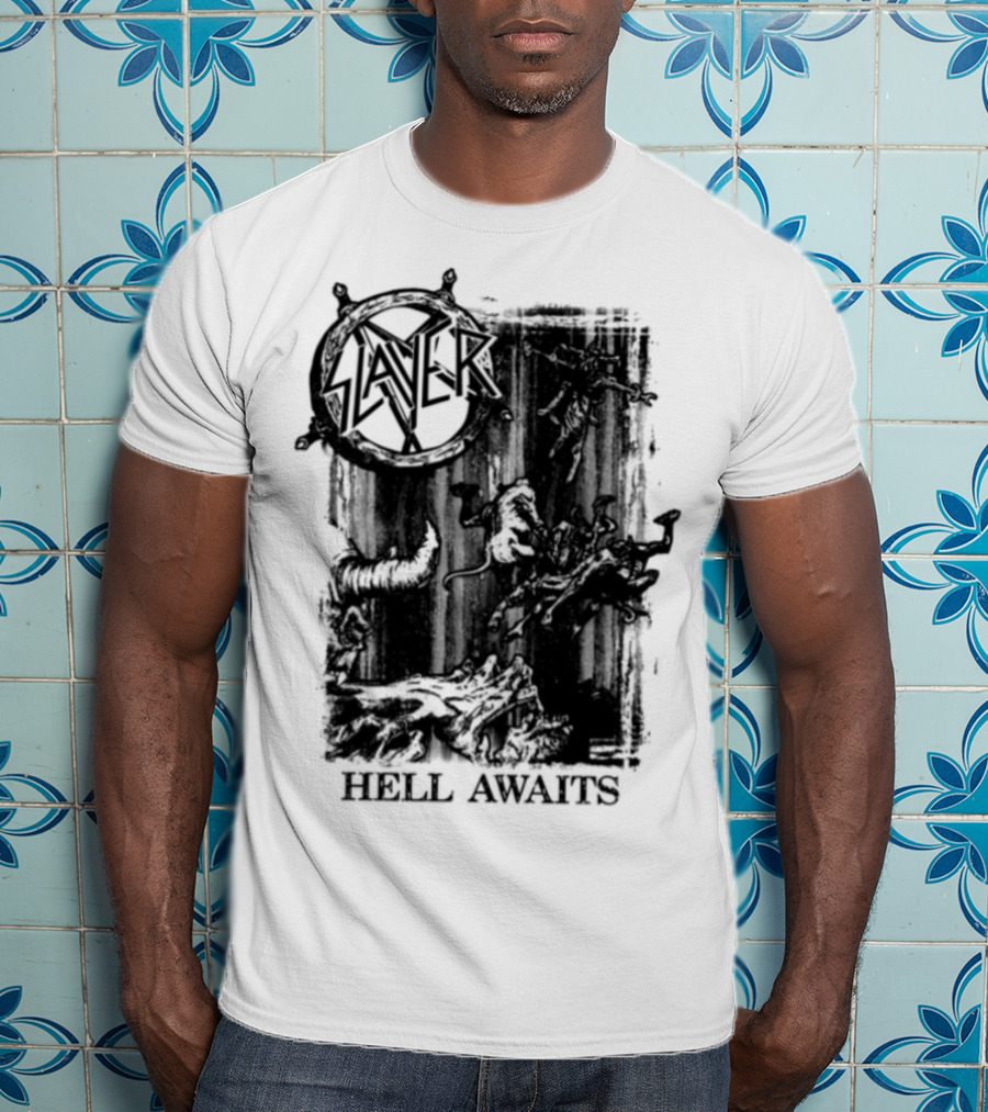 Monochrome Slayer Hell Awaits Acid Iconic Band Art T-Shirt
