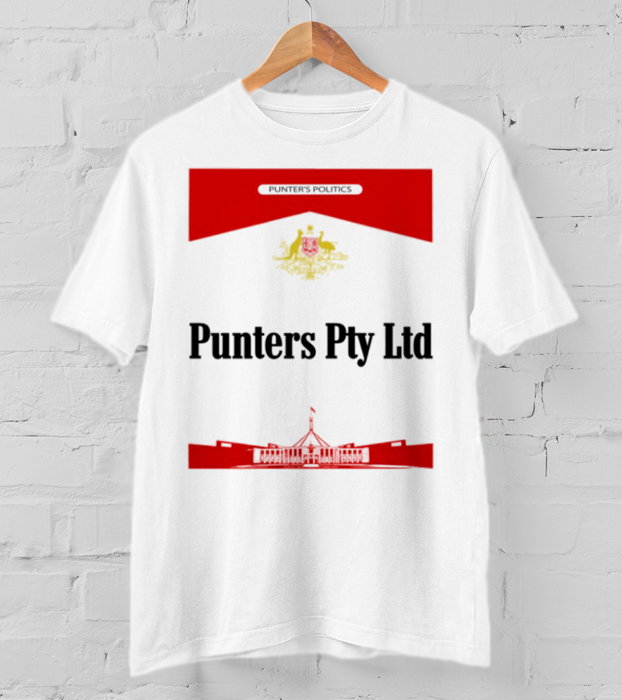 Punter's Lobbyist Uniform Australia's Parliament House Silhouette Red And Gold Emblem T-Shirt