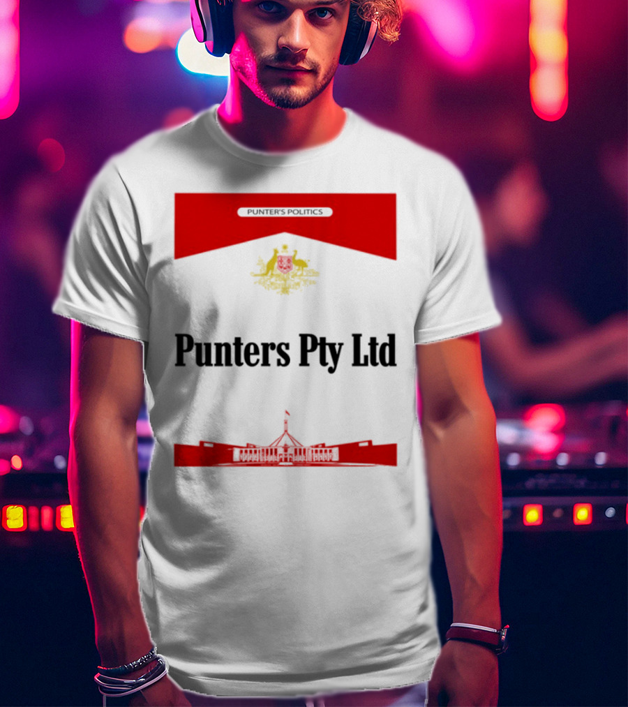 Punter's Lobbyist Uniform Australia's Parliament House Silhouette Red And Gold Emblem T-Shirt