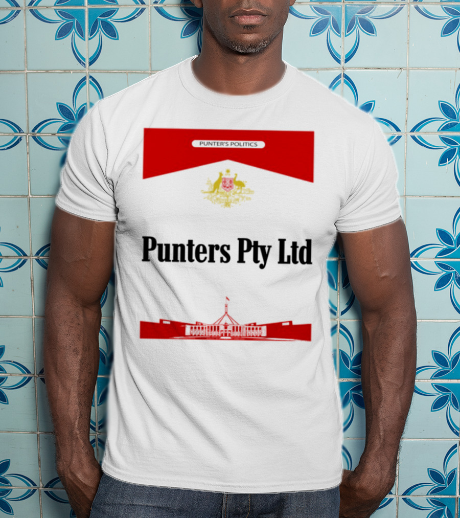 Punter's Lobbyist Uniform Australia's Parliament House Silhouette Red And Gold Emblem T-Shirt