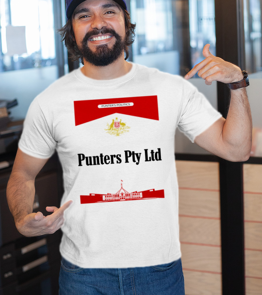 Punter's Lobbyist Uniform Australia's Parliament House Silhouette Red And Gold Emblem T-Shirt
