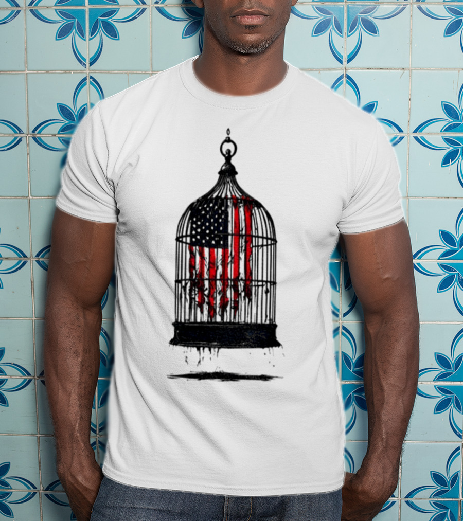 Caged Liberty American Flag Birdcage Government Shutdown T-Shirt