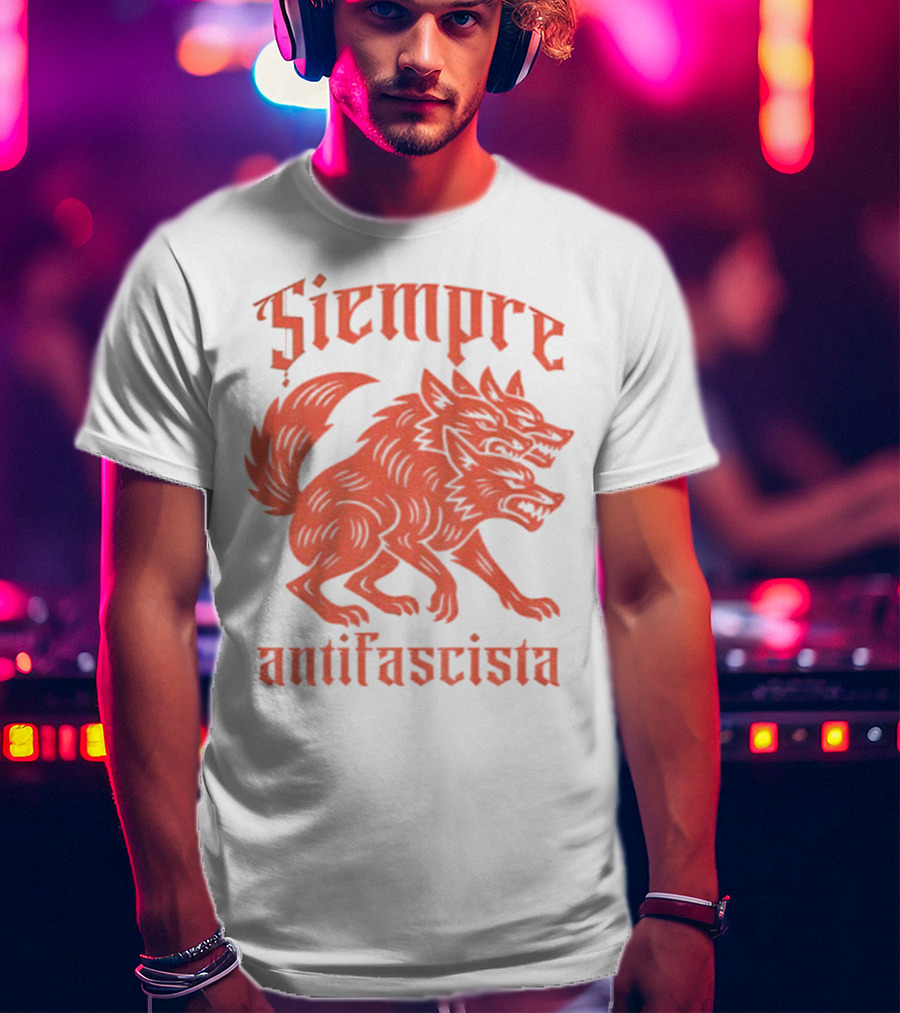 Siempre Antifascista Linocut Three-Headed Dog T-Shirt