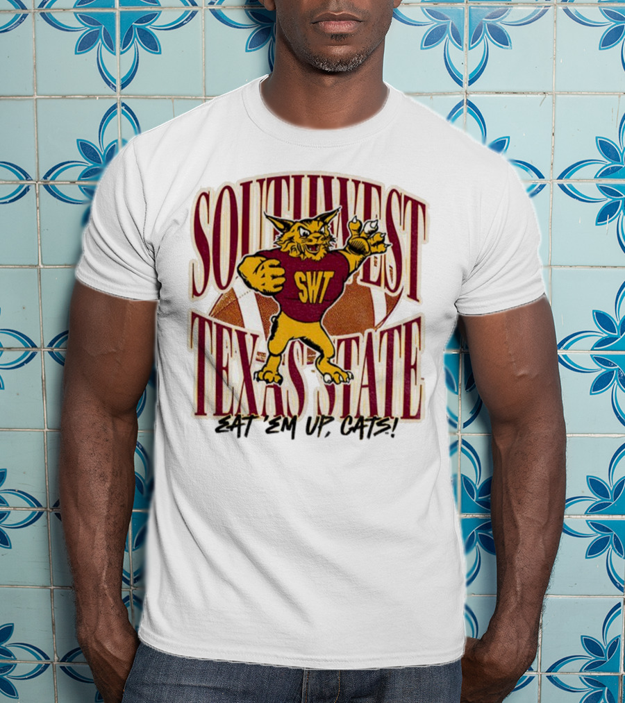 Southwest Texas State SWT 1990s Eat Em Up Cats Mascot Football T-Shirt