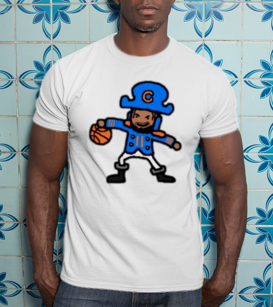 Captain Clutch Basketball Cartoon Character Blue Hat And Jacket T-Shirt