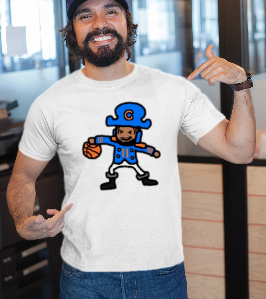 Captain Clutch Basketball Cartoon Character Blue Hat And Jacket T-Shirt