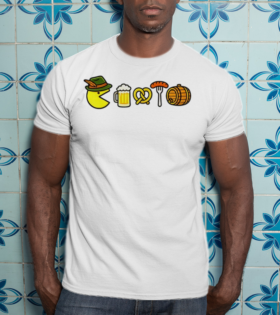 Pac-Man Oktoberfest Beer Pretzel Sausage Barrel Icons T-Shirt