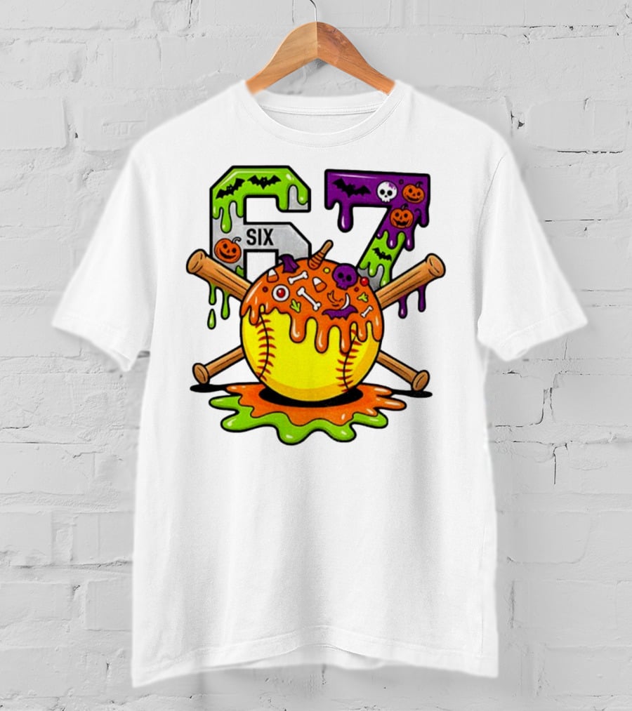 Halloween Softball 67 Six Seven Dripping Bats Pumpkins Bones Skull T-Shirt