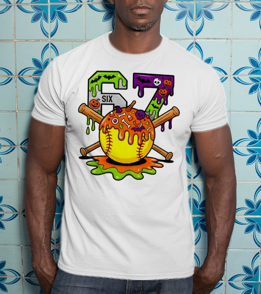 Halloween Softball 67 Six Seven Dripping Bats Pumpkins Bones Skull T-Shirt
