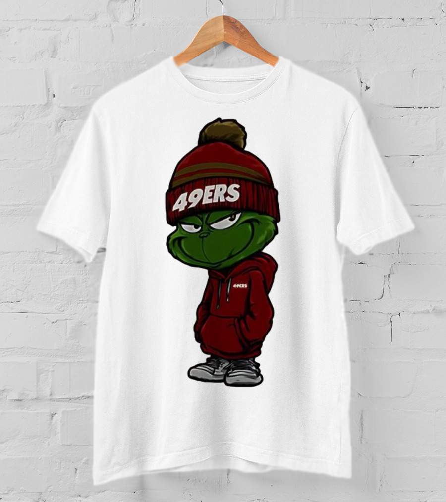 Grinch Wearing 49ers Beanie And San Francisco Football Crossover T-Shirt