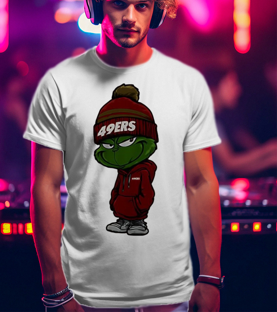 Grinch Wearing 49ers Beanie And San Francisco Football Crossover T-Shirt