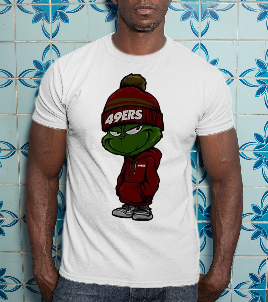 Grinch Wearing 49ers Beanie And San Francisco Football Crossover T-Shirt
