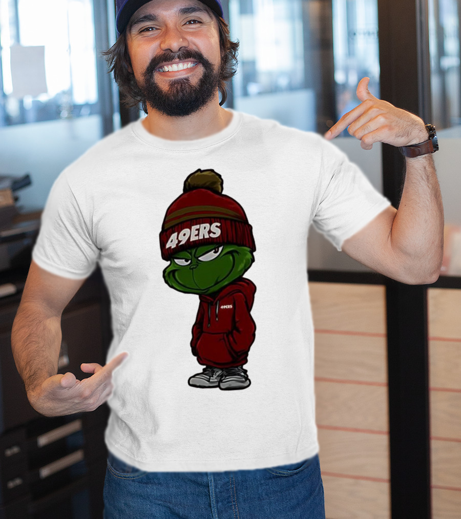 Grinch Wearing 49ers Beanie And San Francisco Football Crossover T-Shirt