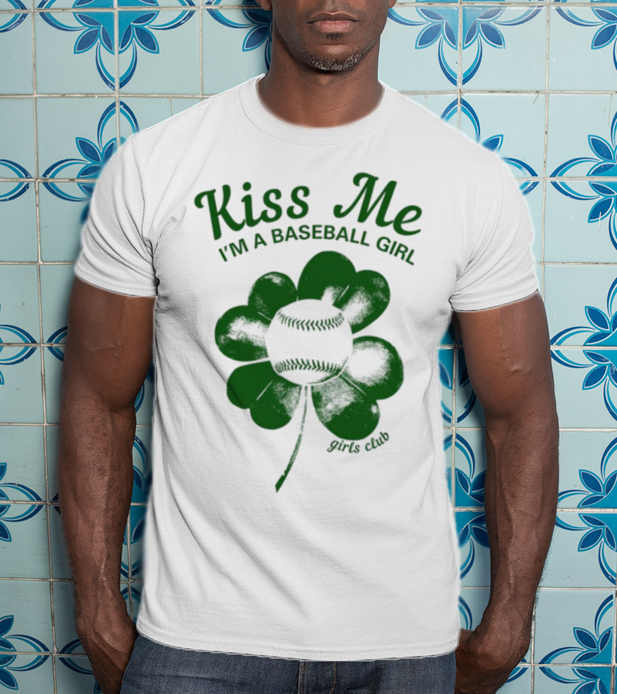 Kiss Me I'm A Baseball Girl Four Leaf Clover Stitch Lines T-Shirt
