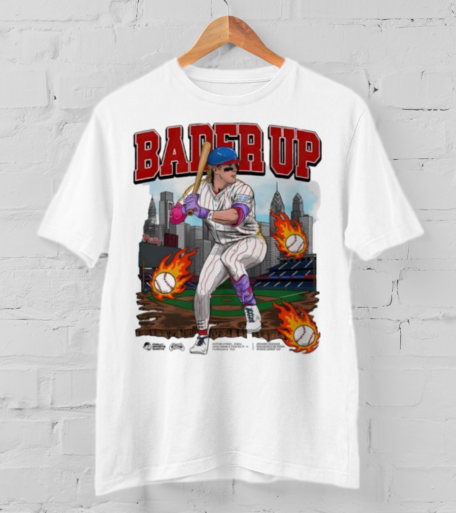 Bader Up Baseball Player Philadelphia Skyline And Flaming Baseballs T-Shirt