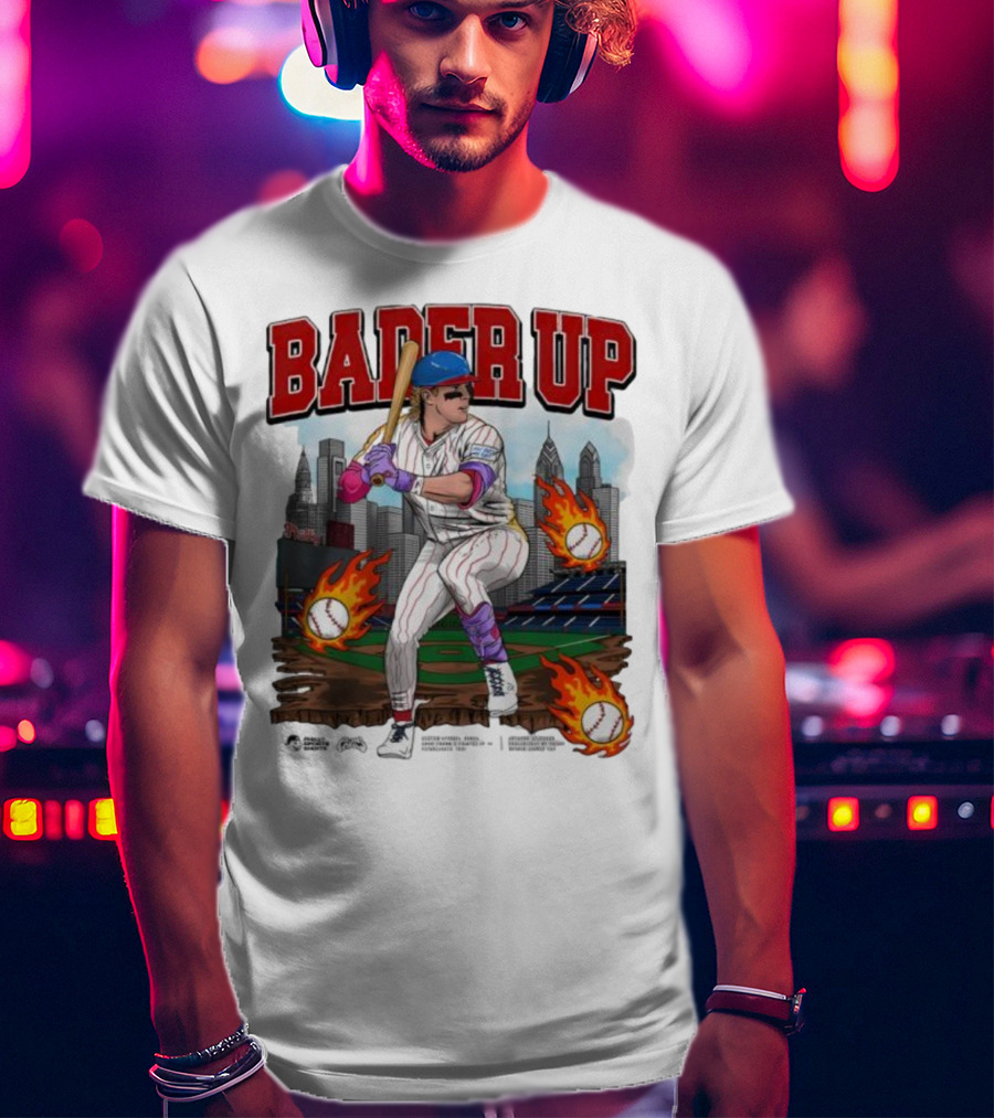 Bader Up Baseball Player Philadelphia Skyline And Flaming Baseballs T-Shirt