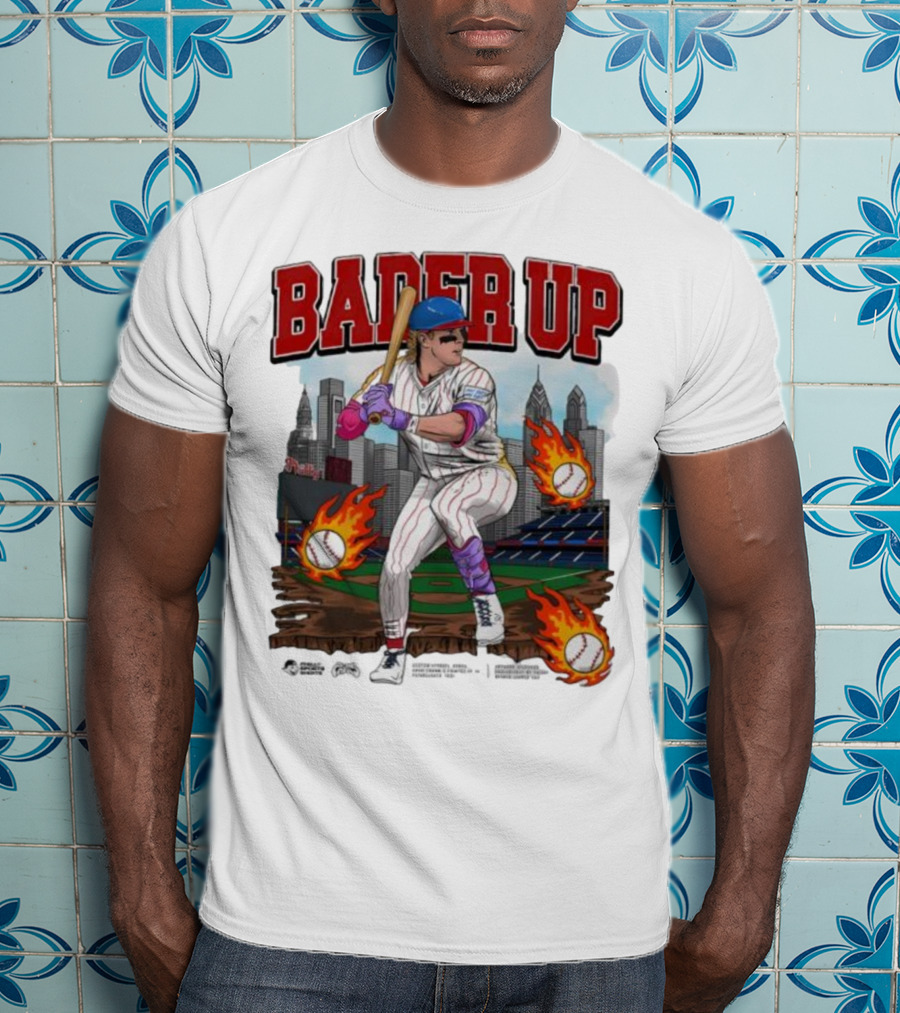 Bader Up Baseball Player Philadelphia Skyline And Flaming Baseballs T-Shirt