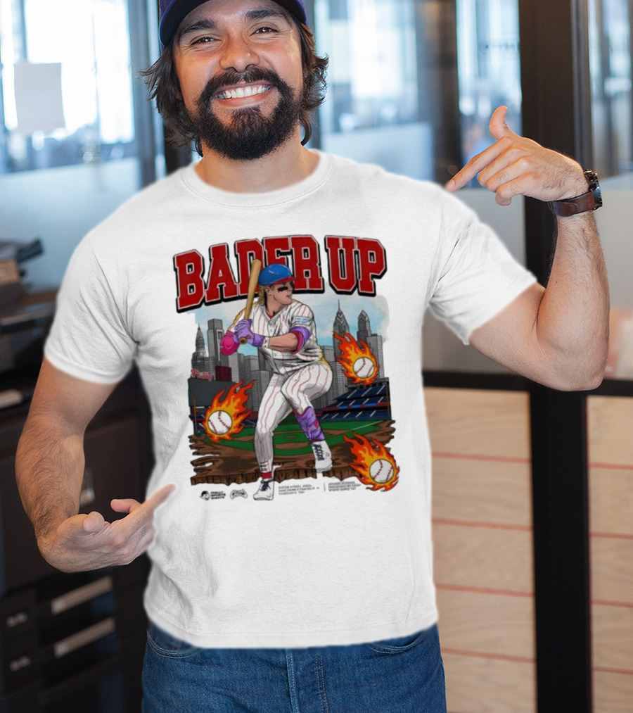 Bader Up Baseball Player Philadelphia Skyline And Flaming Baseballs T-Shirt