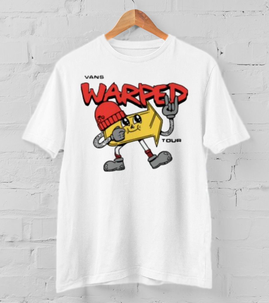 Vans Warped Tour Yellow Arrow Mascot With Red Beanie And Rock Gesture T-Shirt