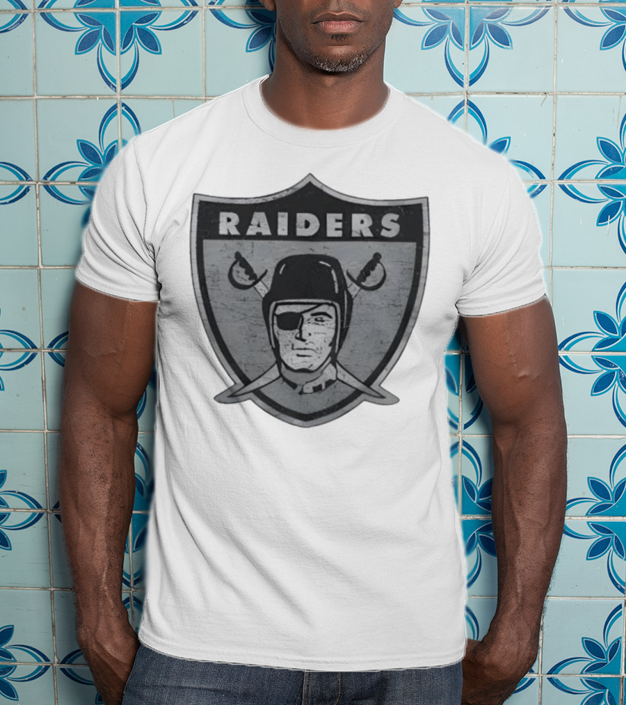 Raiders NFL Football Shield Patch Logo Silver And Black T-Shirt