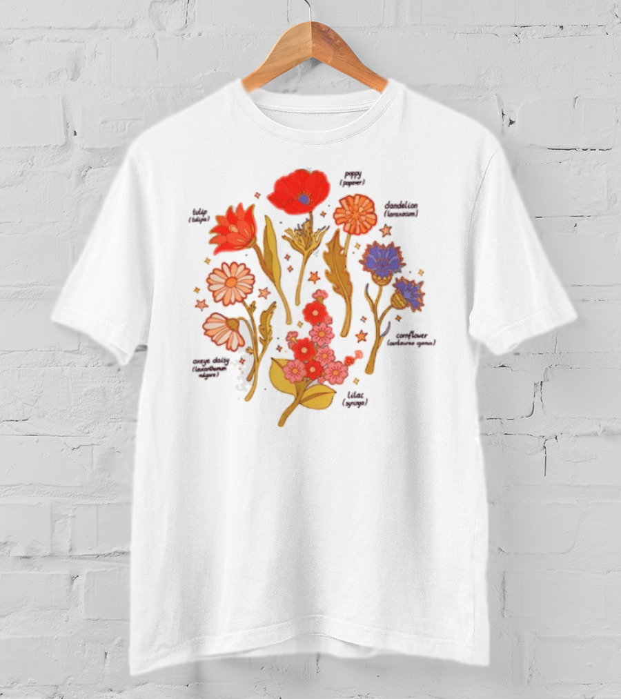 Botanical Revival Tulip Poppy Daisy Cosmos Lavender Floral Arrangement T-Shirt