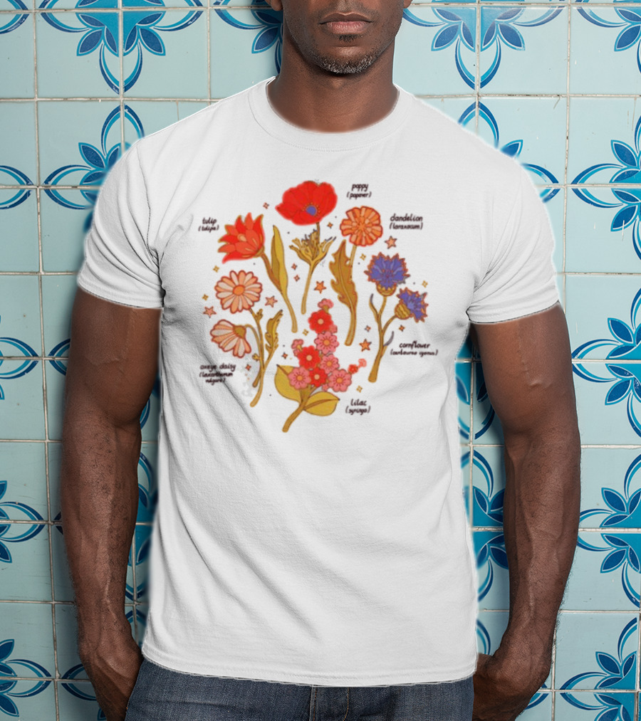 Botanical Revival Tulip Poppy Daisy Cosmos Lavender Floral Arrangement T-Shirt