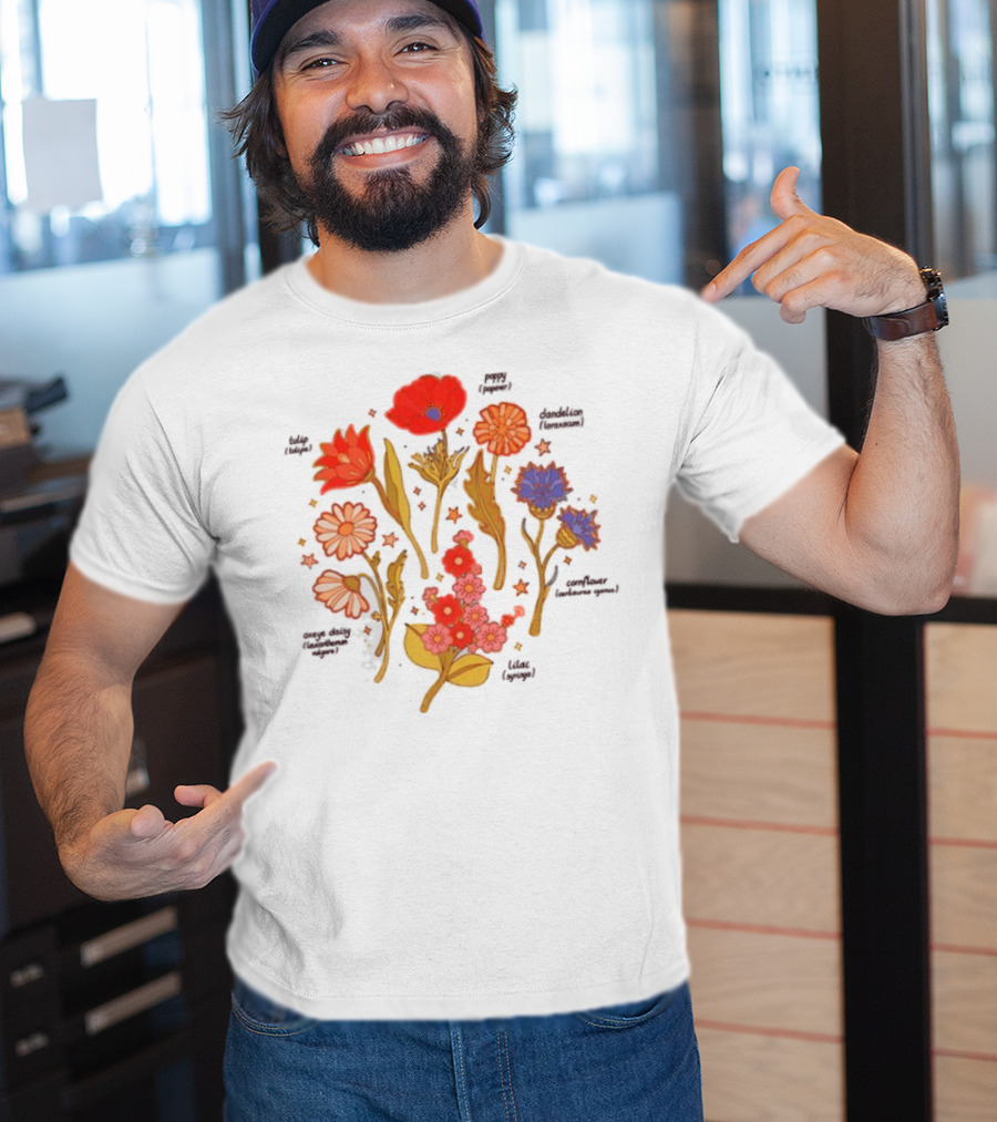 Botanical Revival Tulip Poppy Daisy Cosmos Lavender Floral Arrangement T-Shirt