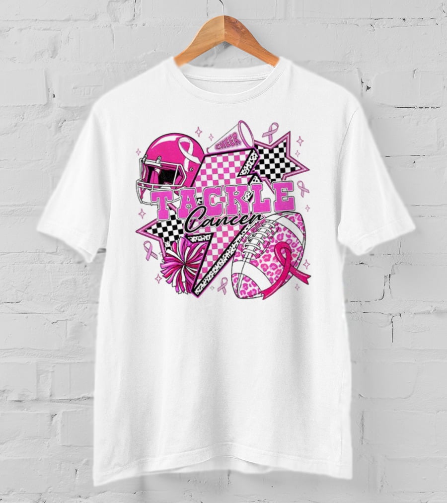 Pink Football Tackle Cancer Cheer Breast Cancer Awareness Ribbons T-Shirt