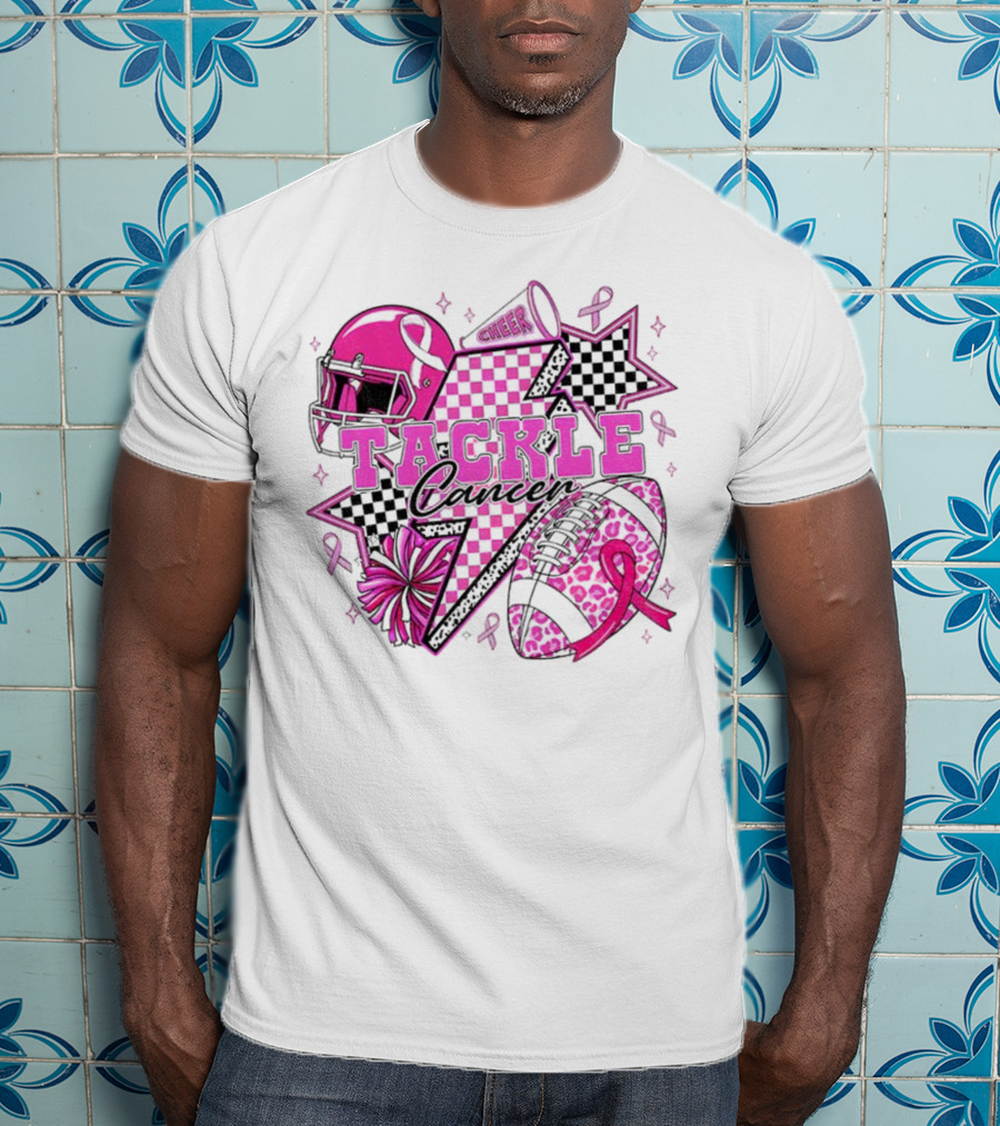 Pink Football Tackle Cancer Cheer Breast Cancer Awareness Ribbons T-Shirt