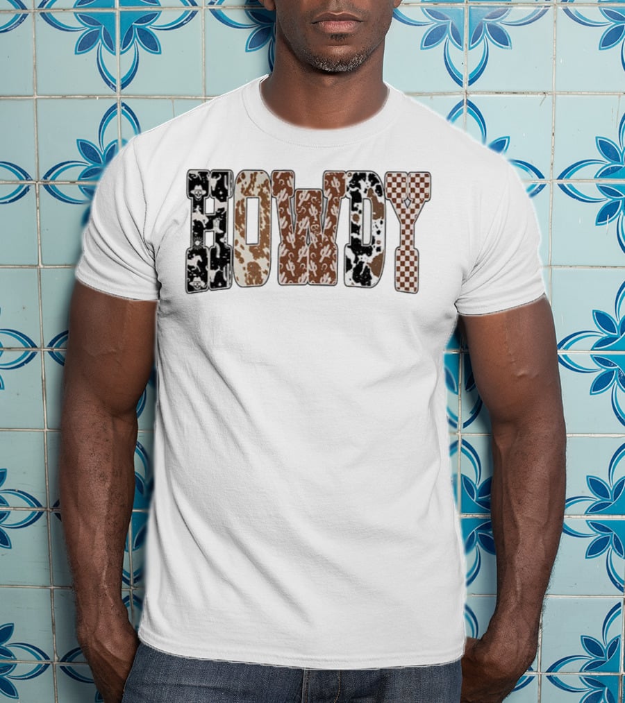 Western Ghost Howdy Cowboy Checkered Halloween Letters T-Shirt