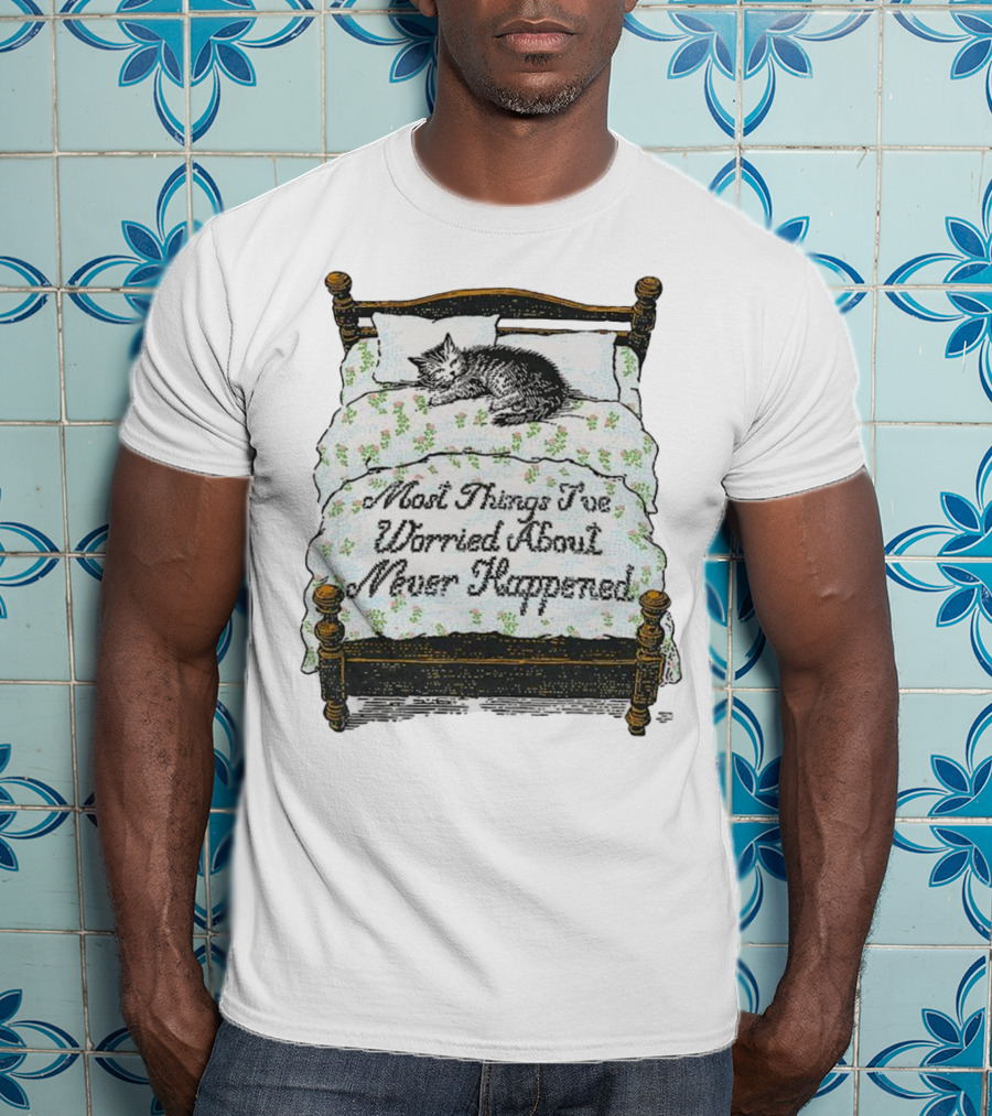 Vintage Cat Sleeps On Bed Most Things I’ve Worried About Never Happened T-Shirt